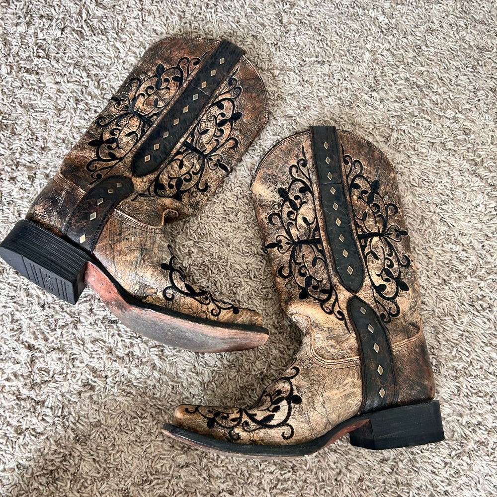 Brown and Black Embroidered Heeled Boots